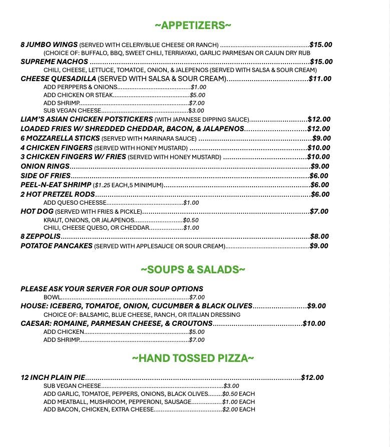 Sean's Pub N' Grub menu with appetizers, soups, salads, hand-tossed pizza, and prices