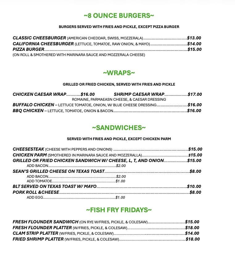 Sean's Pub N' Grub menu with burgers, wraps, sandwiches, Fish Fry Friday dishes, and prices