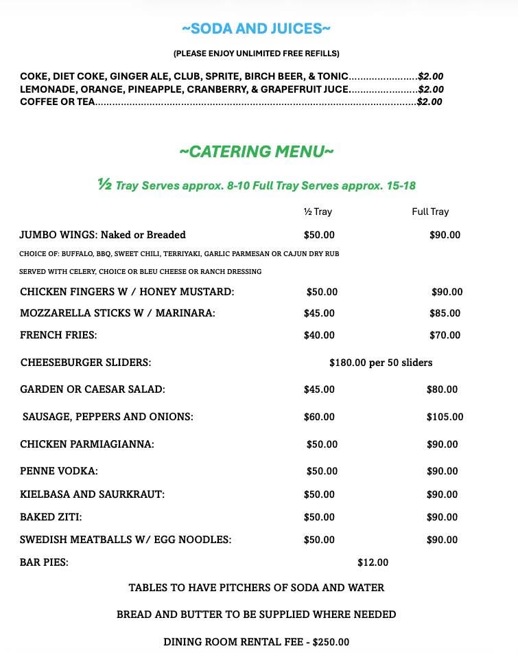 Sean's Pub N' Grub soda, juice, and catering menu with tray sizes, prices, and dining room rental information